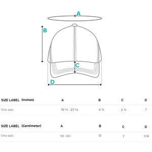 May include: Diagram showing the measurements of a baseball cap in inches and centimeters. The measurements are labeled A, B, C, and D.  A is the circumference of the cap, B is the depth of the cap, C is the length of the bill, and D is the width of the bill.