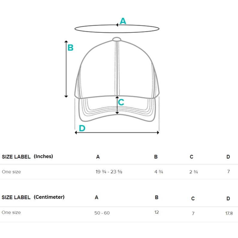 May include: Diagram showing the measurements of a baseball cap in inches and centimeters. The measurements are labeled A, B, C, and D.  A is the circumference of the cap, B is the depth of the cap, C is the length of the bill, and D is the width of the bill.