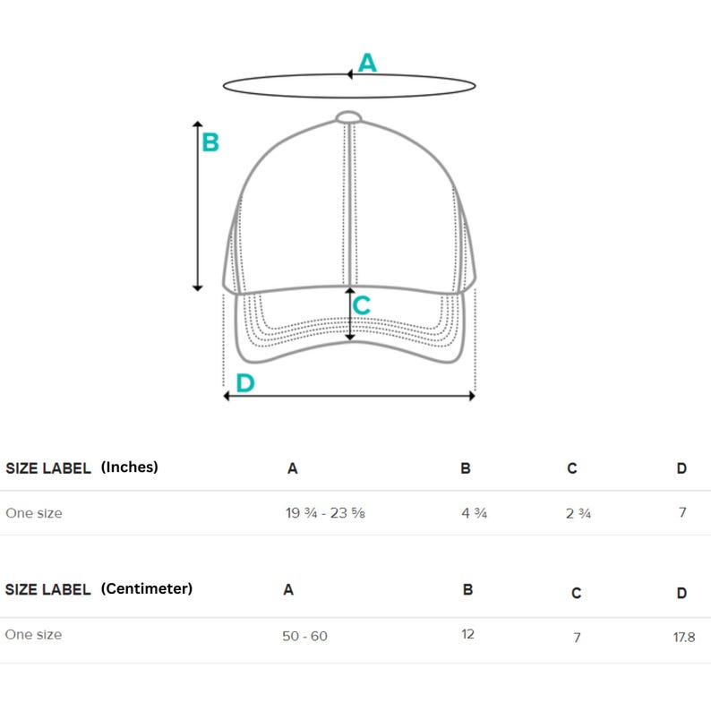 May include: Diagram showing the measurements of a baseball cap in inches and centimeters. The measurements are labeled A, B, C, and D.  A is the circumference of the cap, B is the depth of the cap, C is the length of the bill, and D is the width of the bill.