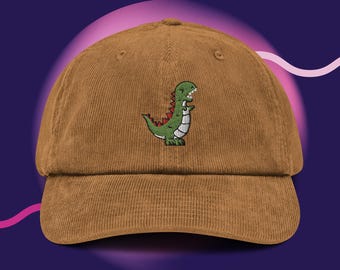 T-Rex Dinosaur Corduroy Hat, Handmade Embroidered Corduroy Dad Cap - Soft - Durable -  Unisex Gifts - Multiple Colours