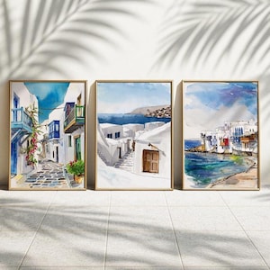 Greek Island Wall Art, Mediterranean Decor, Watercolor Seaside Illustration, Mykonos Coastal Art, Beach House, Summer Digital Art Print