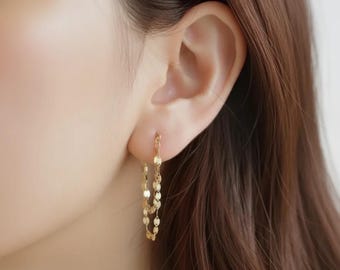 Dangling Gold Chain Earrings: Minimalist Double Sequin Drop Chain Earring 925 Silver
