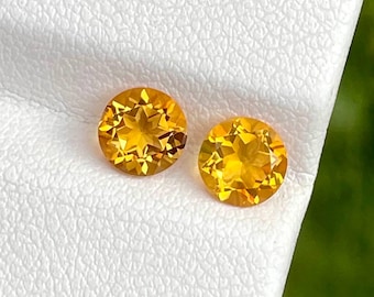 Natural Mikado Yellow Citrine Gemstone Pair, 1.3ct Round Cut Orange Brazil Citrine, Twin Soul Citrine Matching Pair for Earrings