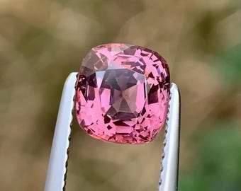 Op de afbeelding: Een roze, kussenvormige edelsteen wordt vastgehouden door een zilveren pincet. De edelsteen heeft een levendige roze kleur en een hoge mate van helderheid. De achtergrond is wazig groen en bruin. De edelsteen is waarschijnlijk een saffier of toermalijn.