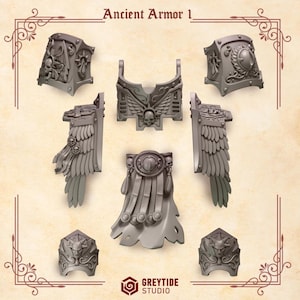 May include: A selection of grey, ancient armour pieces, including shoulder pads, chest plates, and helmet components. The pieces feature intricate details such as skulls, wings, and decorative elements. The text "Ancient Armor 1" is at the top.