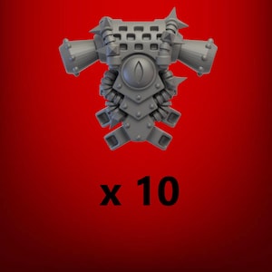 May include: A grey, mechanical component with a central eye-shaped design, surrounded by rivets and spikes. The text "x 10" is displayed in white at the bottom, indicating a quantity of ten.