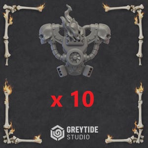 May include: A grey resin miniature backpack component featuring a central flame vent, two side skulls, and mechanical tubing. The item is marked with the text x 10 and the Greytide Studio logo. The design includes a circular fan detail and vents.