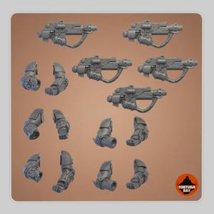 May include: A collection of grey plastic miniature model parts including five sci-fi style rifles with curved magazines and six armoured arm components with articulated hands and shoulder pads, featuring a Tortuga Bay logo in the bottom corner.
