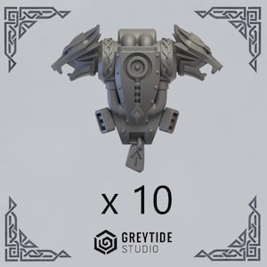May include: A grey, 3D-rendered model of a mechanical torso with wolf-like heads on each shoulder. The model has intricate details and is accompanied by the text "x 10" and the "GREYTIDE STUDIO" logo. Decorative corner designs frame the image.