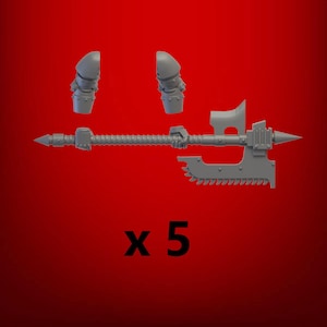 May include: A collection of five grey plastic miniature weapons and armour pieces, including a spear, axe, and shoulder armour, against a red background. The text "x 5" is displayed below the objects.