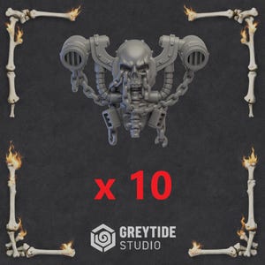 May include: A set of 10 grey miniature backpack components featuring a central skull design with integrated exhaust vents, mechanical tubing, and draped chains. The text x 10 and the Greytide Studio logo are visible at the bottom of the image.