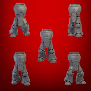 May include: Five grey, armoured miniature legs are displayed against a red background. Each leg piece features a detailed design with segmented armour plating, rivets, and a hand symbol. The legs are designed for a miniature figure.