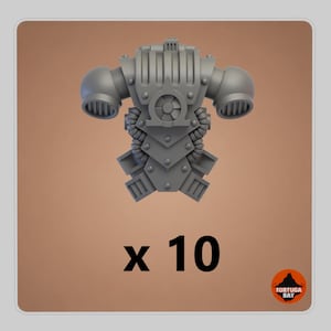 May include: A set of ten grey resin miniature power armour backpacks featuring a central circular vent, side exhaust ports, and ribbed cabling details. The design includes a vertical rectangular top vent and a lower section with angled vents.