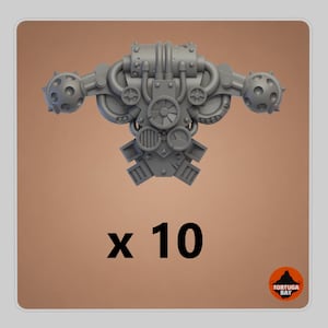 May include: A set of ten grey resin miniature backpack components featuring a central circular fan, vertical piping, and two spherical side vents with circular indentations. The text x 10 is printed below the object, and a Tortuga Bay logo is visible.