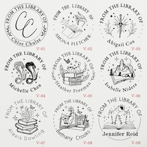 May include: Nine black and white illustrations of bookplates with different designs. Each bookplate features the text "From the Library of" and a name. The designs include a dragon, a sword, a snake, a cat, a mountain, a flower, and a book.