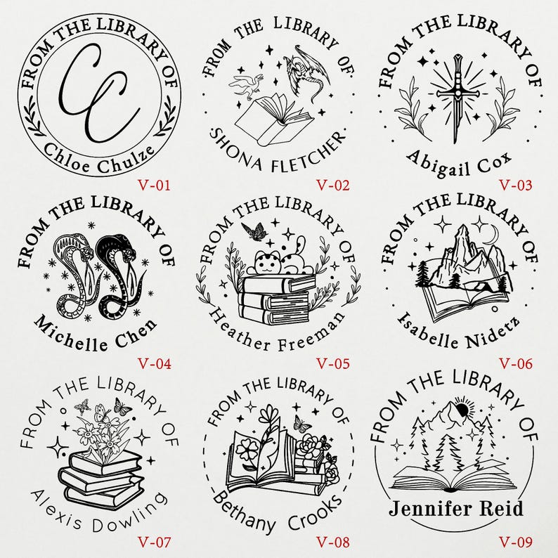 May include: Nine black and white illustrations of bookplates with different designs. Each bookplate features the text "From the Library of" and a name. The designs include a dragon, a sword, a snake, a cat, a mountain, a flower, and a book.