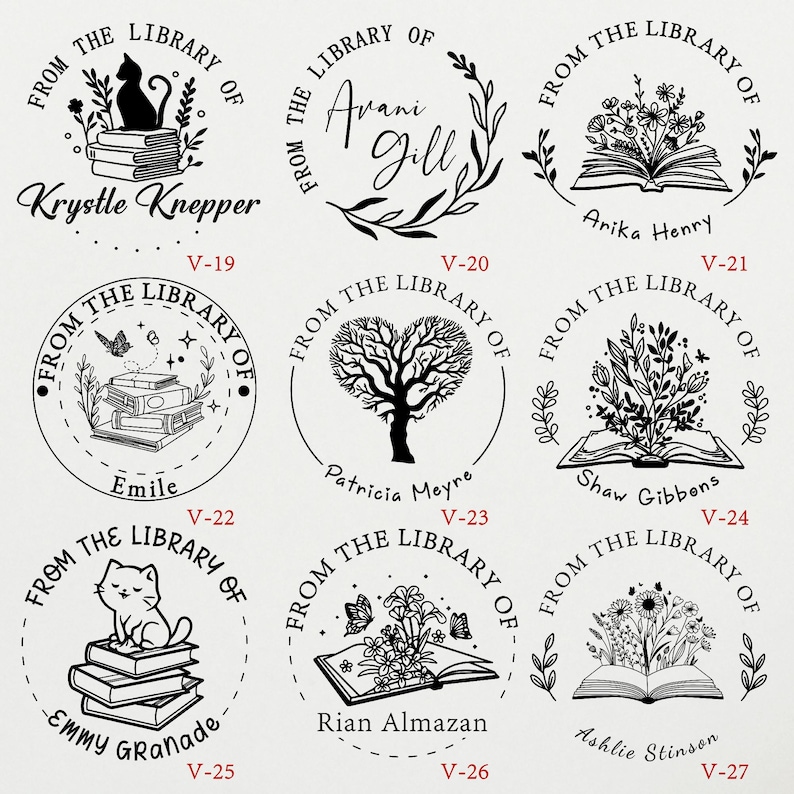 May include: Nine round black and white rubber stamps with different designs. Each stamp has the text "From the Library of" and a name. The designs include a cat, a tree, a book with flowers, and a book with butterflies.