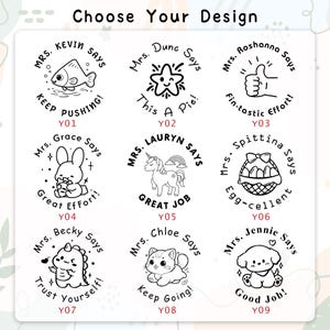 K&ouml;nnte beinhalten: Eine Auswahl von neun schwarz-wei&szlig;en Stempeldesigns mit ermutigenden Botschaften und niedlichen Illustrationen. Die Stempel zeigen S&auml;tze wie "Keep Pushing!", "Great Job" und "Good Job!" mit verschiedenen Charakteren.
