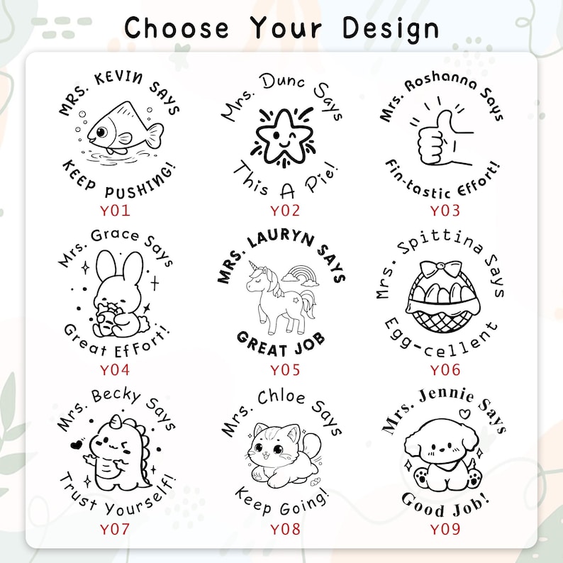 K&ouml;nnte beinhalten: Eine Auswahl von neun schwarz-wei&szlig;en Stempeldesigns mit ermutigenden Botschaften und niedlichen Illustrationen. Die Stempel zeigen S&auml;tze wie "Keep Pushing!", "Great Job" und "Good Job!" mit verschiedenen Charakteren.