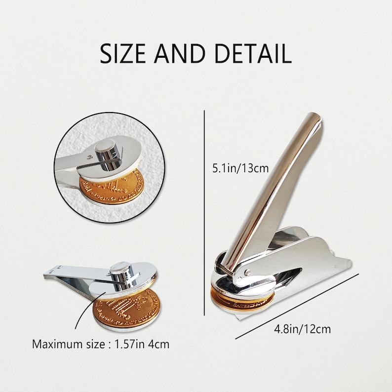 May include: A silver seal stamp with a handle and a round impression area. The stamp is 5.1 inches long and 4.8 inches wide. The maximum size of the impression area is 1.57 inches.