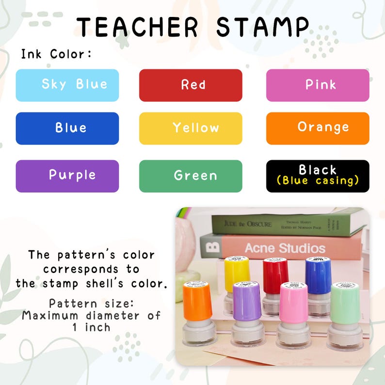 K&ouml;nnte beinhalten: Eine Auswahl an Lehrerstempeln in verschiedenen Farben: Himmelblau, Rot, Pink, Blau, Gelb, Orange, Lila, Gr&uuml;n und Schwarz. Der maximale Durchmesser des Stempels betr&auml;gt 2,54 cm. Der Text "TEACHER STAMP" steht oben.