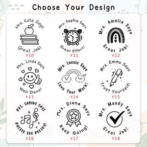 K&ouml;nnte beinhalten: Eine Auswahl von neun schwarz-wei&szlig;en Lehrerstempeln mit verschiedenen Designs. Die Stempel enthalten S&auml;tze wie "Great Job!", "Well Done!" und "Keep Going!" mit Illustrationen wie einem Apfel, einem Regenbogen und einem Smiley. Der Text "Choose Your Design" steht oben.