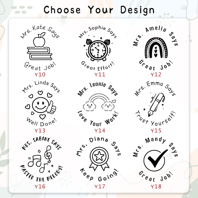 K&ouml;nnte beinhalten: Eine Auswahl von neun schwarz-wei&szlig;en Lehrerstempeln mit verschiedenen Designs. Die Stempel enthalten S&auml;tze wie "Great Job!", "Well Done!" und "Keep Going!" mit Illustrationen wie einem Apfel, einem Regenbogen und einem Smiley. Der Text "Choose Your Design" steht oben.