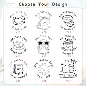 K&ouml;nnte beinhalten: Eine Auswahl an schwarz-wei&szlig;en Gummistempeln mit verschiedenen Designs und Texten, darunter Herzen, Tacos, Donuts, Sonnenbrillen und Daumen hoch. Jeder Stempel hat einen anderen Satz, wie "Great Job!" und "Well Done!"