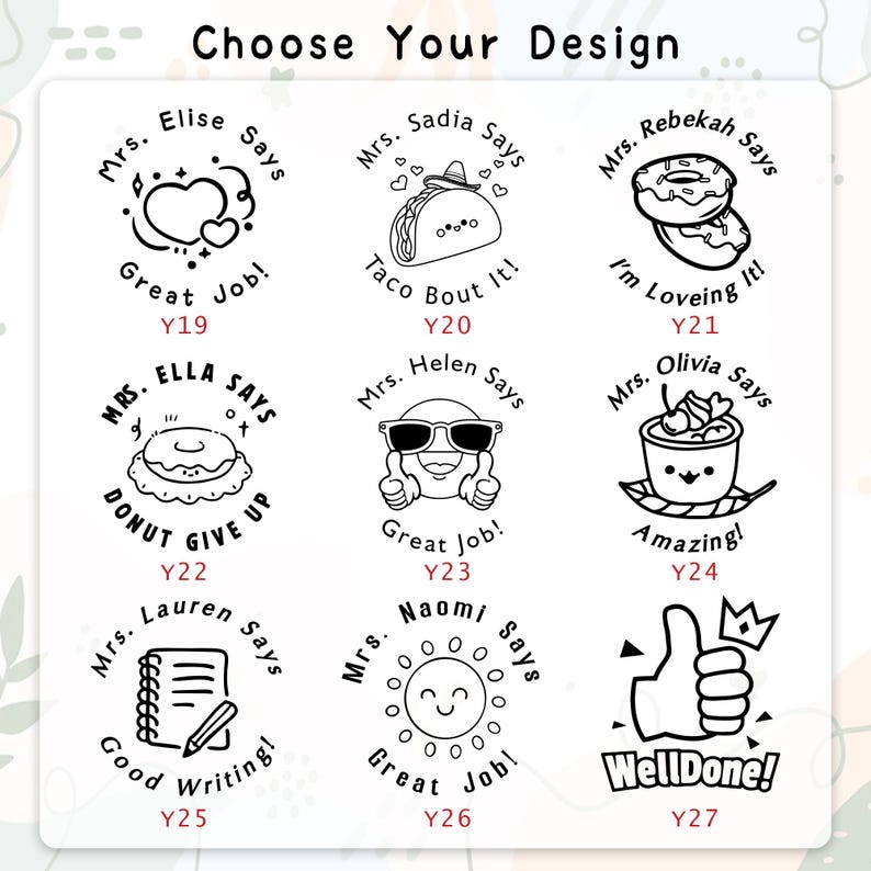 K&ouml;nnte beinhalten: Eine Auswahl an schwarz-wei&szlig;en Gummistempeln mit verschiedenen Designs und Texten, darunter Herzen, Tacos, Donuts, Sonnenbrillen und Daumen hoch. Jeder Stempel hat einen anderen Satz, wie "Great Job!" und "Well Done!"