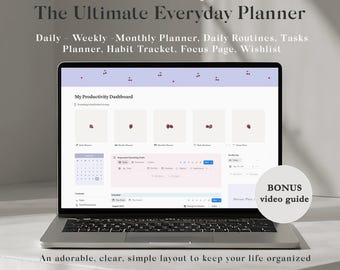 Minimalist Notion Planner Template | Adorable Life Dashboard, Calendar & Habit Tracker | Simple Productivity Board