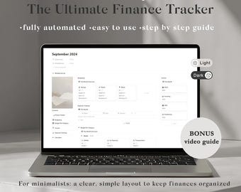 Könnte beinhalten: Ein Laptop-Computer, auf dem eine Notion-Vorlage für einen Finanztracker angezeigt wird. Die Vorlage trägt den Titel "The Ultimate Finance Tracker" und enthält Abschnitte für Budgetierung, Einkommenserfassung und Ausgabenverfolgung. Die Vorlage ist für Minimalisten konzipiert und verfügt über ein klares, einfaches Layout. Der Laptop befindet sich auf einer weißen Oberfläche mit einer Lichtquelle, die aus der oberen rechten Ecke des Bildes kommt. Der Text "BONUS video guide" ist in der unteren rechten Ecke des Bildes sichtbar.