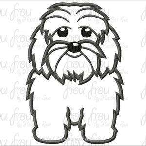 Pode incluir: Ilustração em preto e branco de um cão pequeno com pelo felpudo. O cão está em pé com as pernas direitas e o rabo enroscado.