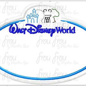 May include: A blue and white oval name tag with the text "Walt Disney World" in blue. The top of the tag features a white castle, a brown tree, and a brown tower with a smiling face.