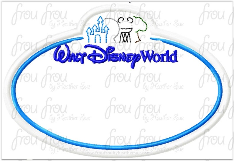 May include: A blue and white oval name tag with the text "Walt Disney World" in blue. The top of the tag features a white castle, a brown tree, and a brown tower with a smiling face.