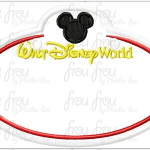 May include: A white oval name tag with a red border. The top of the name tag features a black Mickey Mouse head. The text "Walt Disney World" is printed in yellow letters.