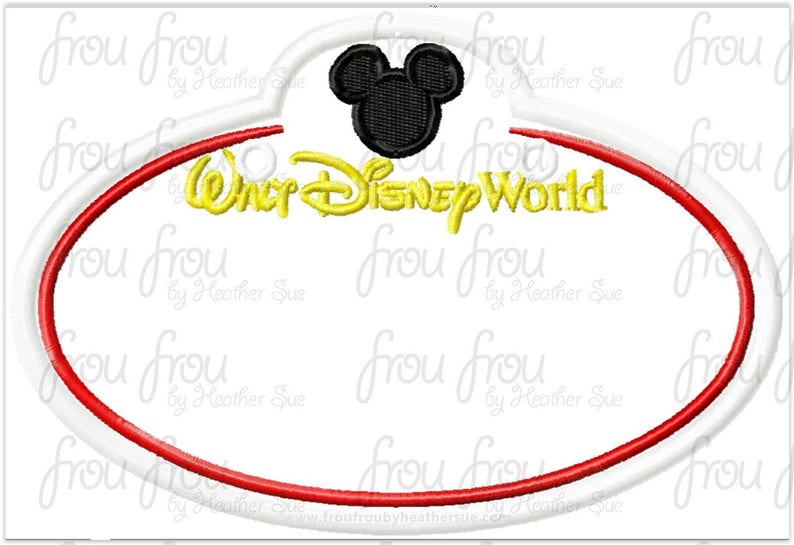 May include: A white oval name tag with a red border. The top of the name tag features a black Mickey Mouse head. The text "Walt Disney World" is printed in yellow letters.