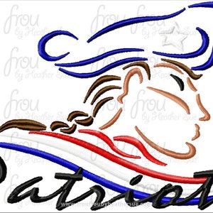 May include: A digital embroidery design of a stylised Uncle Sam with a red, white and blue American flag wave and the word "Patriots" in black lettering.