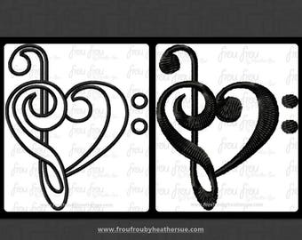 Heart Musical Note Sketch Machine Embroidery filled and Applique Design 1"-16"