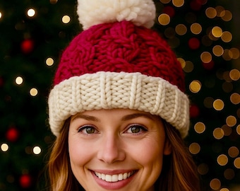 Hand-Knit Merino Wool Cable Knit Santa Hat Super Bulky Beanie Jumbo Pom