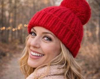 Hand Knit Red Merino Wool Beanie – Custom Size Jumbo Pom Winter Hat