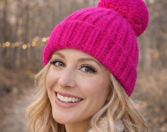 Hand Knit Merino Wool Beanie – Fuchsia Pink, Jumbo Pom, Optional Liner