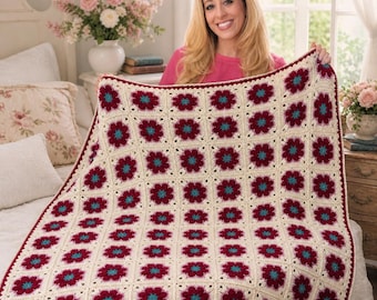 Handmade Crochet Floral Granny Square Blanket, 100% Cotton Cottagecore Bed Throw
