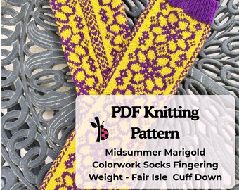 Midsummer Marigold Socks Knitting Pattern, Nordic Fair Isle Colorwork (PDF)