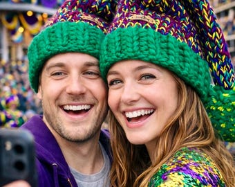 Hand Knit Mardi Gras Wool Hat – Chunky Beanie with Jumbo Pom