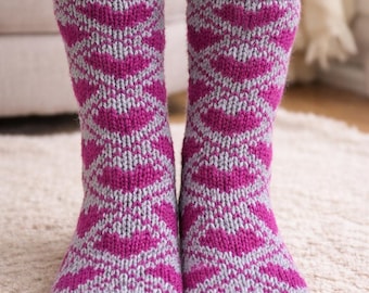 Hand Knit Wool Slipper Socks – Nordic Fair Isle Argyle Hearts, American House Socks