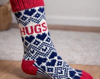 Valentine Wool Socks – Nordic Fair Isle HUGS & LOVE, Hand Knit Gift