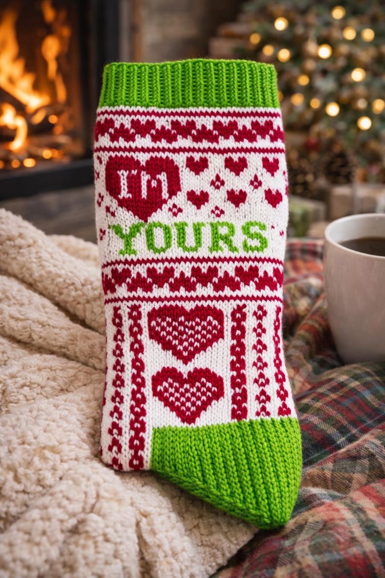 May include: A white and red knitted Christmas stocking with the words "I'M YOURS" and heart designs. The top and toe of the stocking are green. The stocking is on a cream-colored blanket.