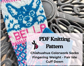 Chihuahua Colorwork Socks Knitting Pattern | Fair Isle Dog Socks (Digital PDF Download)