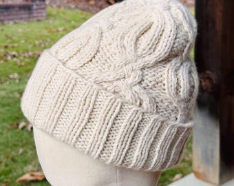 Hand Knit Cashmere Merino Wool Beanie – Thick Cable Knit Hat, Optional Silk Liner