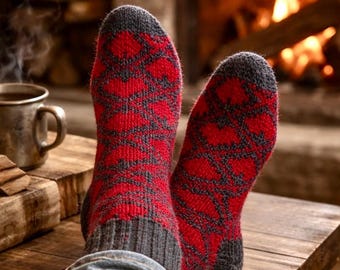 Valentine Nordic Heart Wool Socks – Hand Knit Slipper